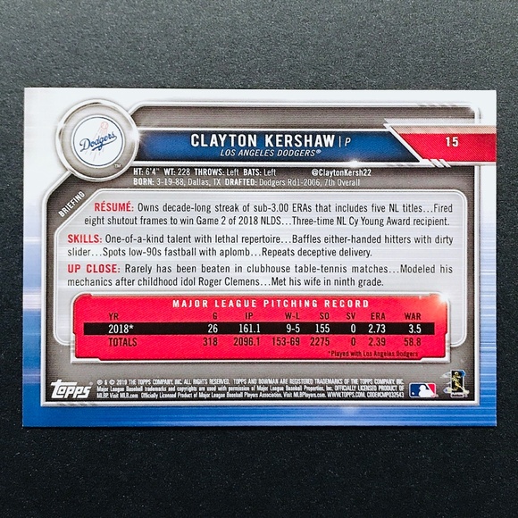 Clayton Kershaw - 2019 Bowman #15 - Picture 2 of 2